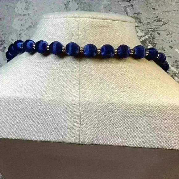 Blue Silk Thread Covered Beads with Gold Detail Necklace - Picture 3 of 3